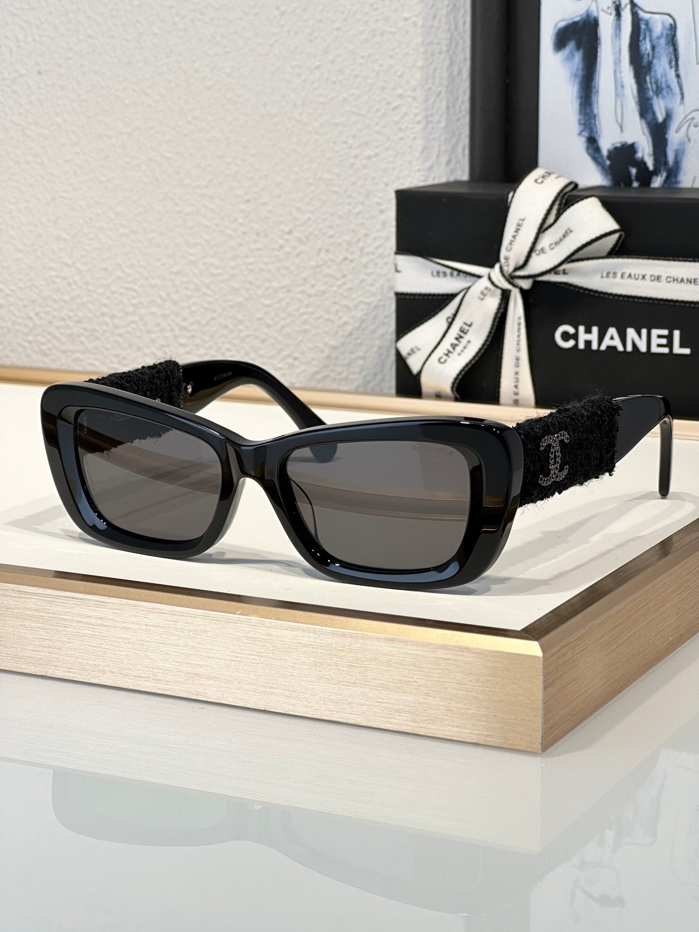 CHANEL 5514 Rectangle Sunglasses Acetate & Tweed Black & Gold frame 5 Colors ✨ - buyonlinebehappy