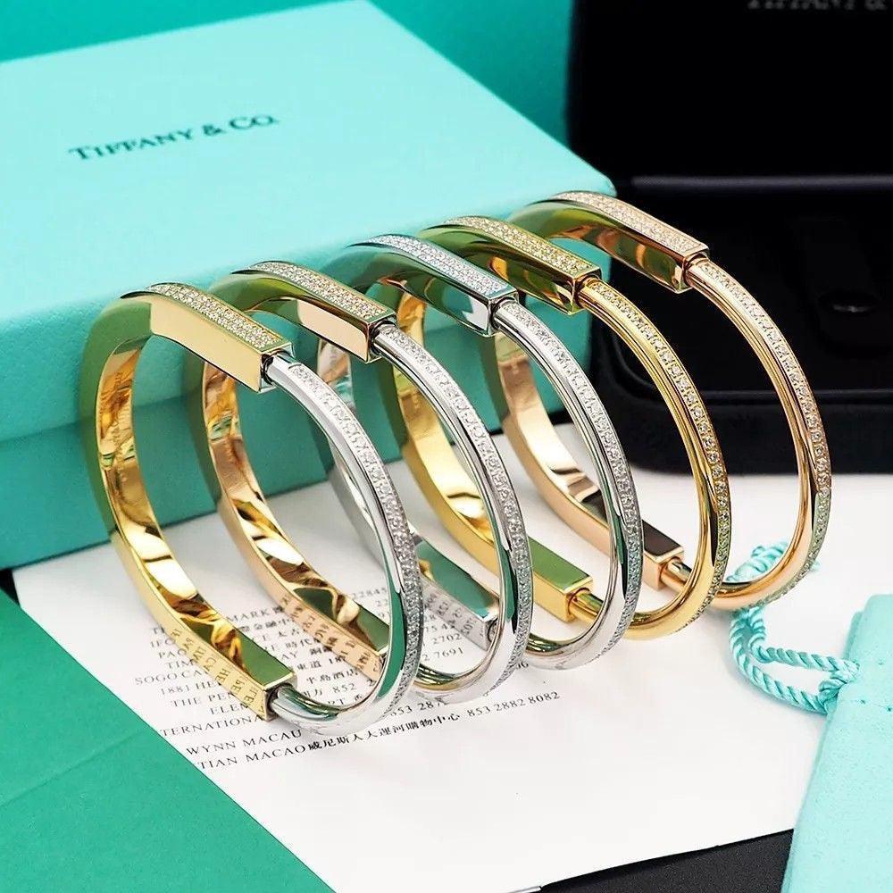 Tiffany&Co 18k gold plated Unisex Unique Style Bangle lock bracelets fashion silver rose yellow gold with box fits 16-21 cm ✨
