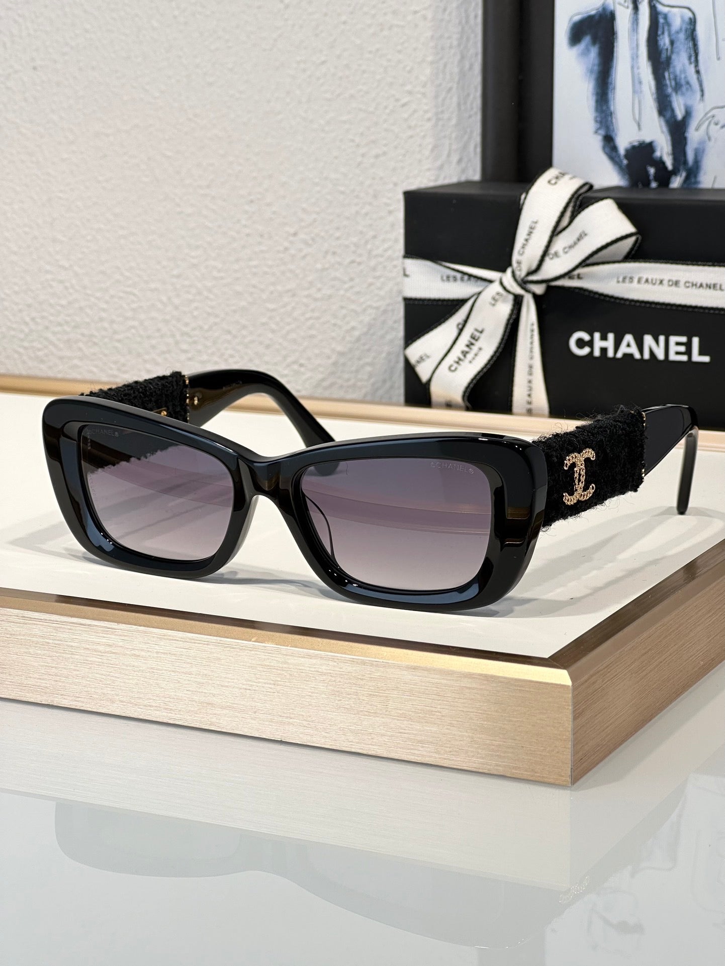 CHANEL 5514 Rectangle Sunglasses Acetate & Tweed Black & Gold frame 5 Colors ✨ - buyonlinebehappy