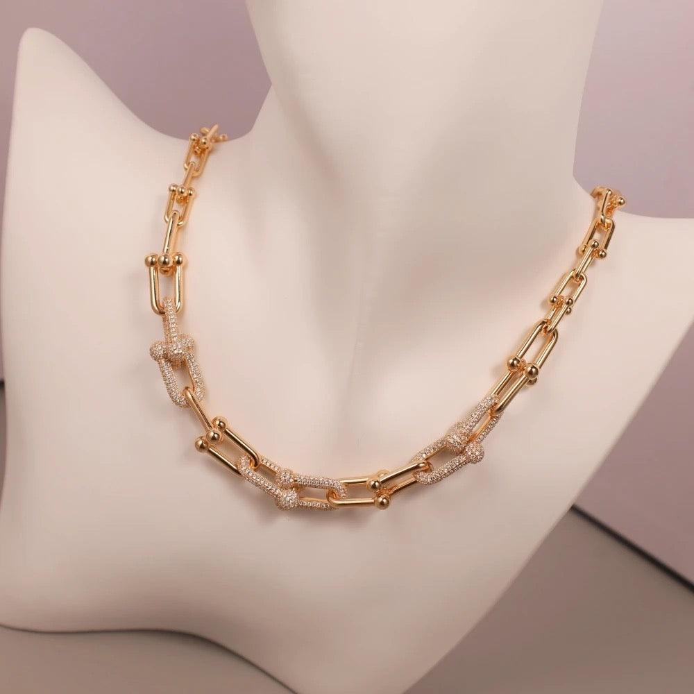 Tiffany&Co 18k Gold Plated Jewelry For Women Long Lock graduated link Necklace in yellow rose silver with Pavé Diamonds - buyonlinebehappy