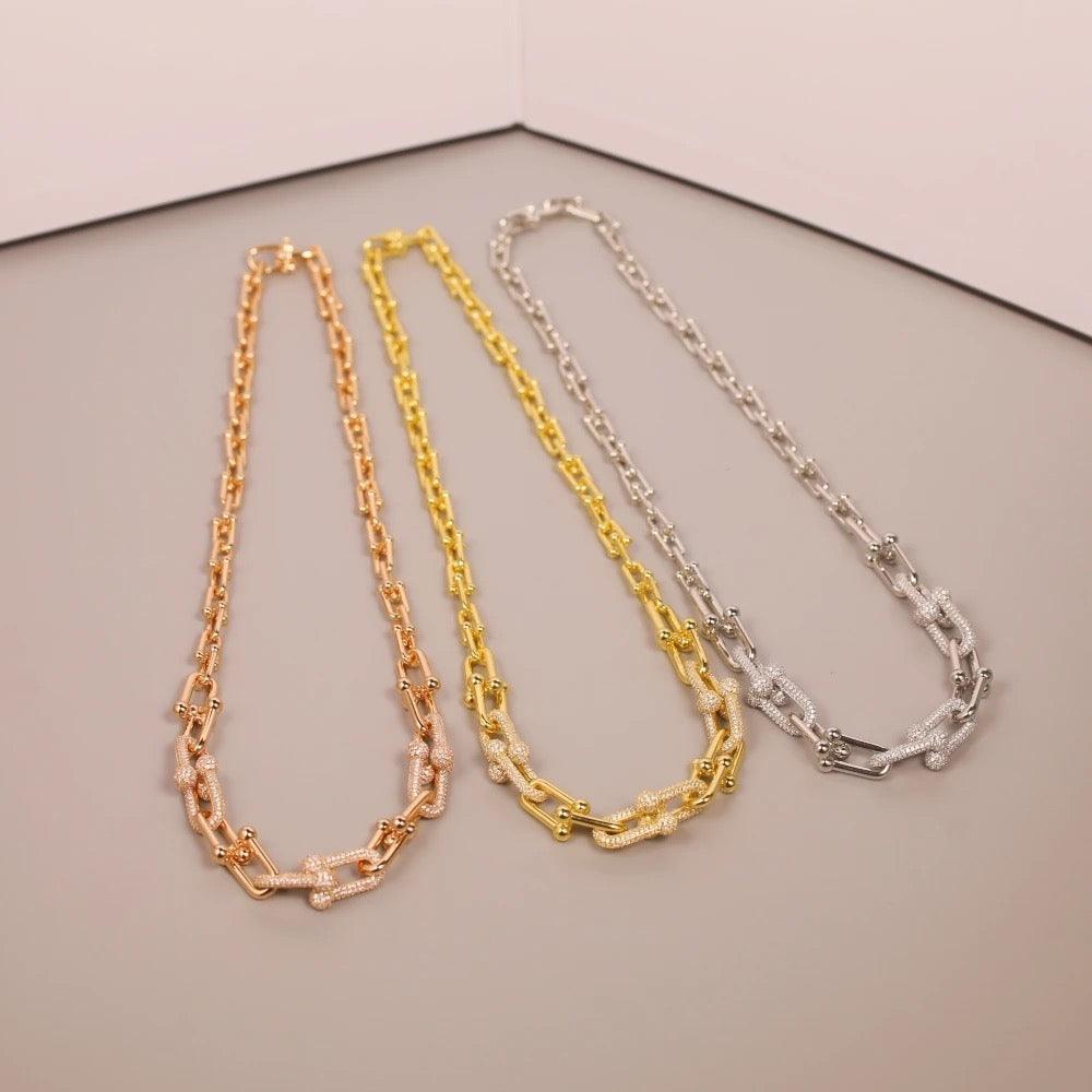 Tiffany&Co 18k Gold Plated Jewelry For Women Long Lock graduated link Necklace in yellow rose silver with Pavé Diamonds - buyonlinebehappy