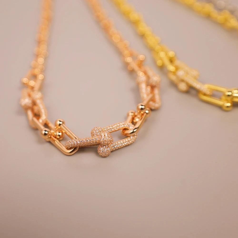 Tiffany&Co 18k Gold Plated Jewelry For Women Long Lock graduated link Necklace in yellow rose silver with Pavé Diamonds - buyonlinebehappy