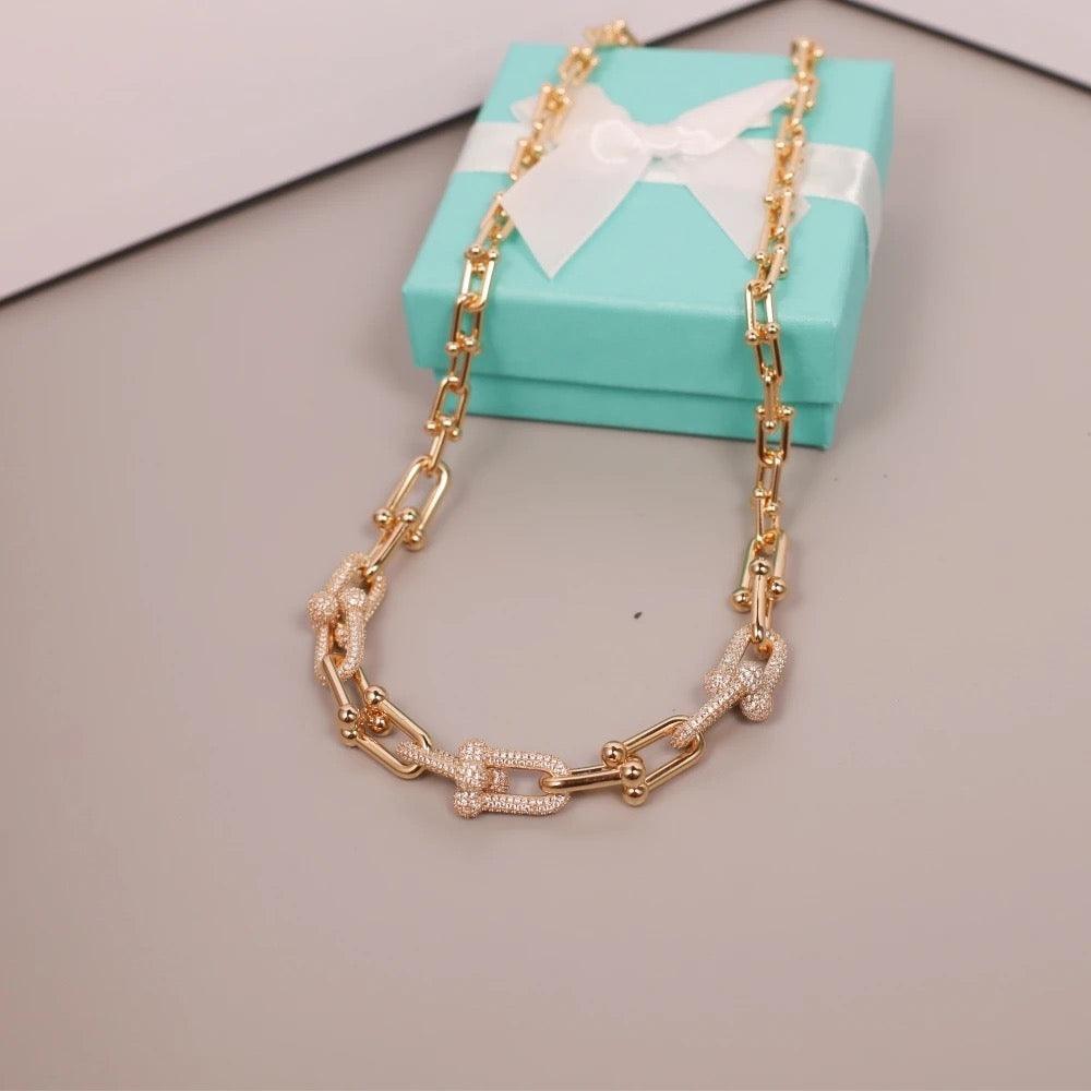 Tiffany&Co 18k Gold Plated Jewelry For Women Long Lock graduated link Necklace in yellow rose silver with Pavé Diamonds - buyonlinebehappy