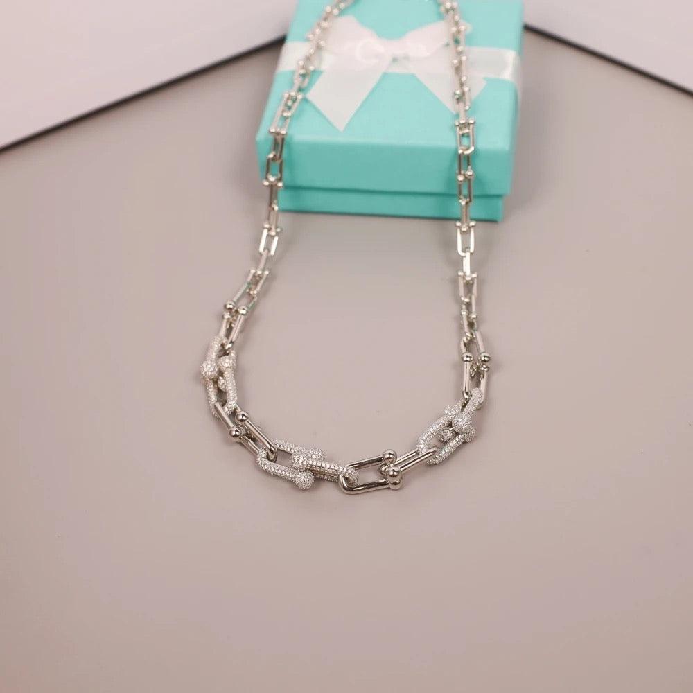 Tiffany&Co 18k Gold Plated Jewelry For Women Long Lock graduated link Necklace in yellow rose silver with Pavé Diamonds - buyonlinebehappy