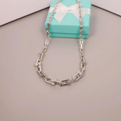 Tiffany&Co 18k Gold Plated Jewelry For Women Long Lock graduated link Necklace in yellow rose silver with Pavé Diamonds - buyonlinebehappy