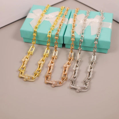 Tiffany&Co 18k Gold Plated Jewelry For Women Long Lock graduated link Necklace in yellow rose silver with Pavé Diamonds - buyonlinebehappy