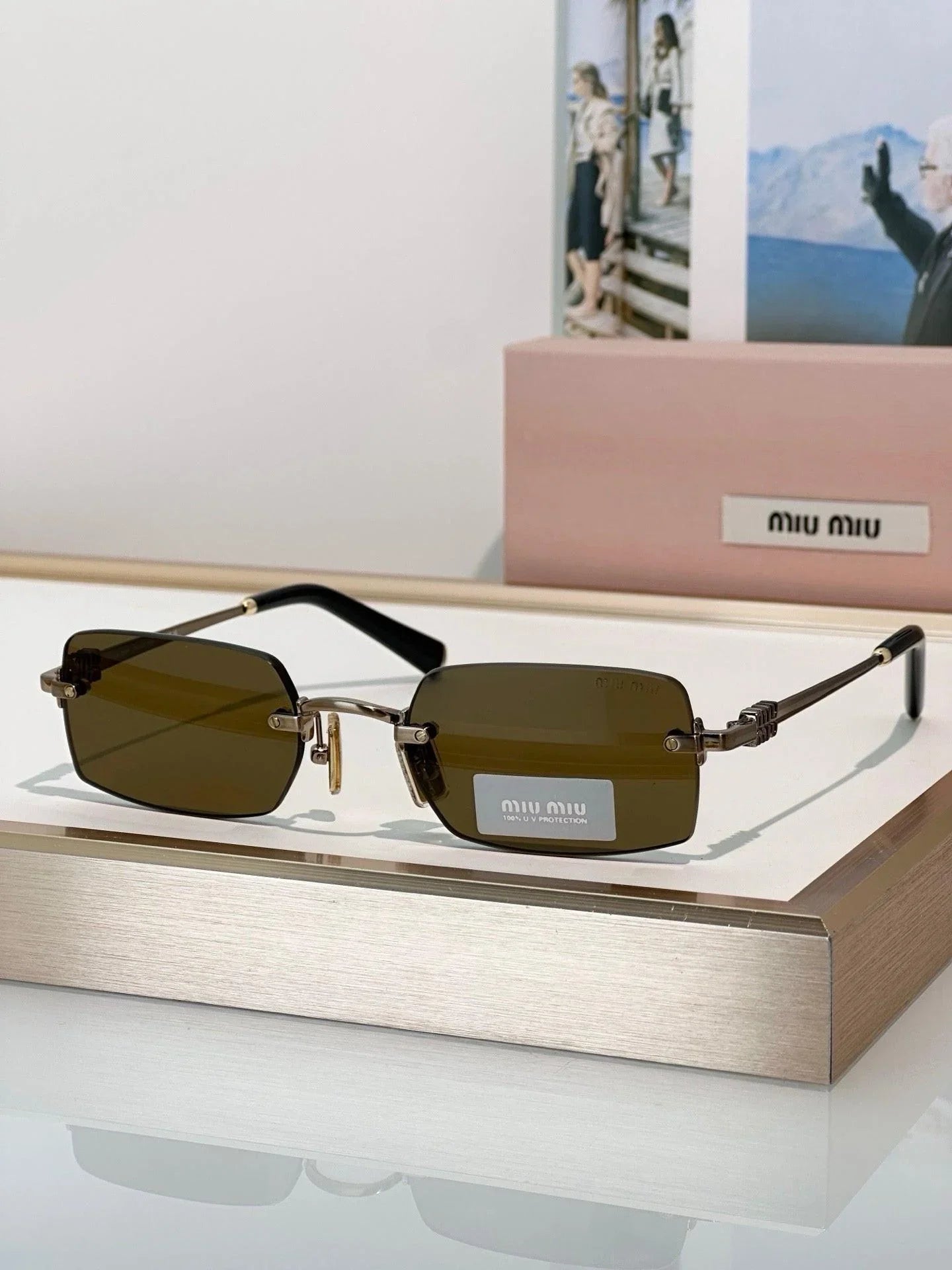 Miu Miu Women Sunglasses Old Gold Brown Rectangle MUB50S 26C09Z NEW AUTHENTIC Gold Brown Sunglasses Miu Miu for Women for sale | eBay main image 3