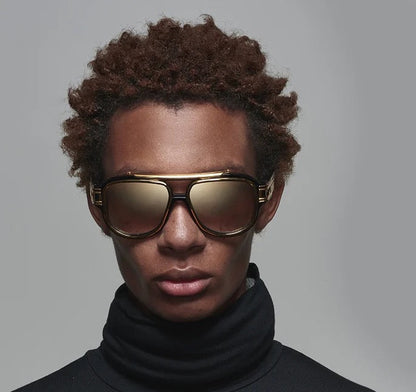 Side-by-side comparison of a person wearing gold sunglasses against a gray background