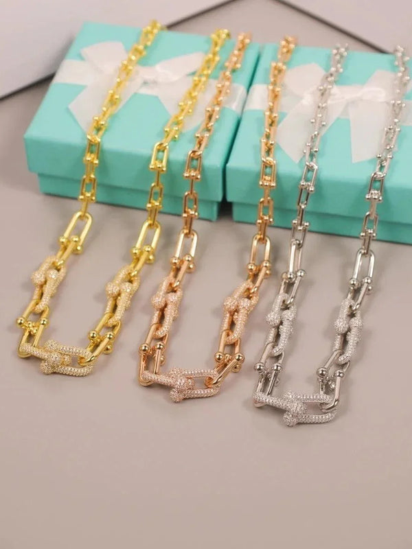 Tiffany&Co 18k Gold Plated Jewelry For Women Long Lock graduated link Necklace in yellow rose silver with Pavé Diamonds