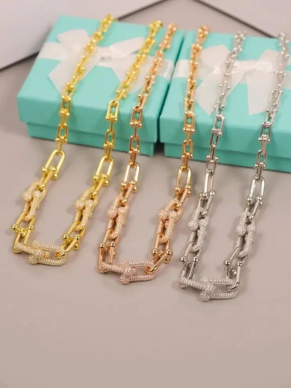 Tiffany&Co 18k Gold Plated Jewelry For Women Long Lock graduated link Necklace in yellow rose silver with Pavé Diamonds