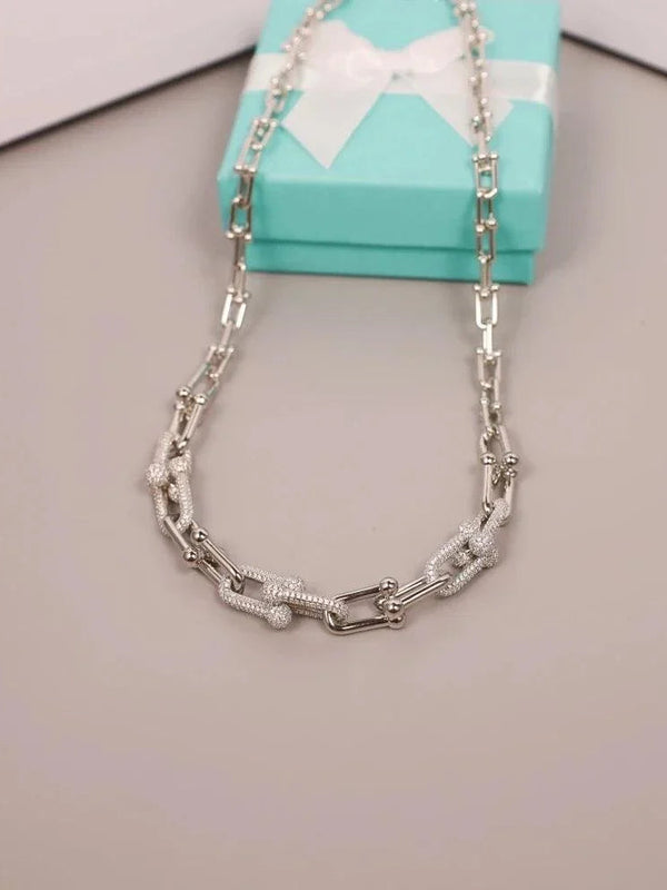 Tiffany&Co 18k Gold Plated Jewelry For Women Long Lock graduated link Necklace in yellow rose silver with Pavé Diamonds