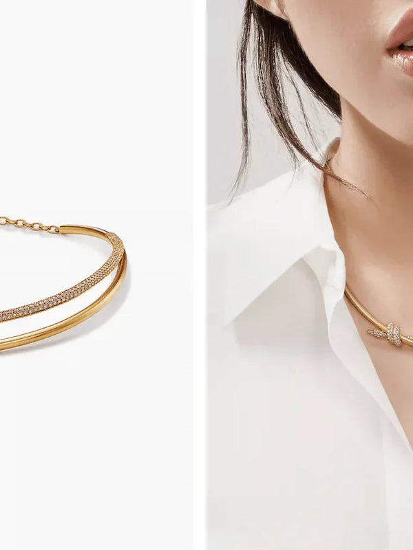 Tiffany&Co 18K Gold Plated Knot Double Row Necklace with Diamonds ✨